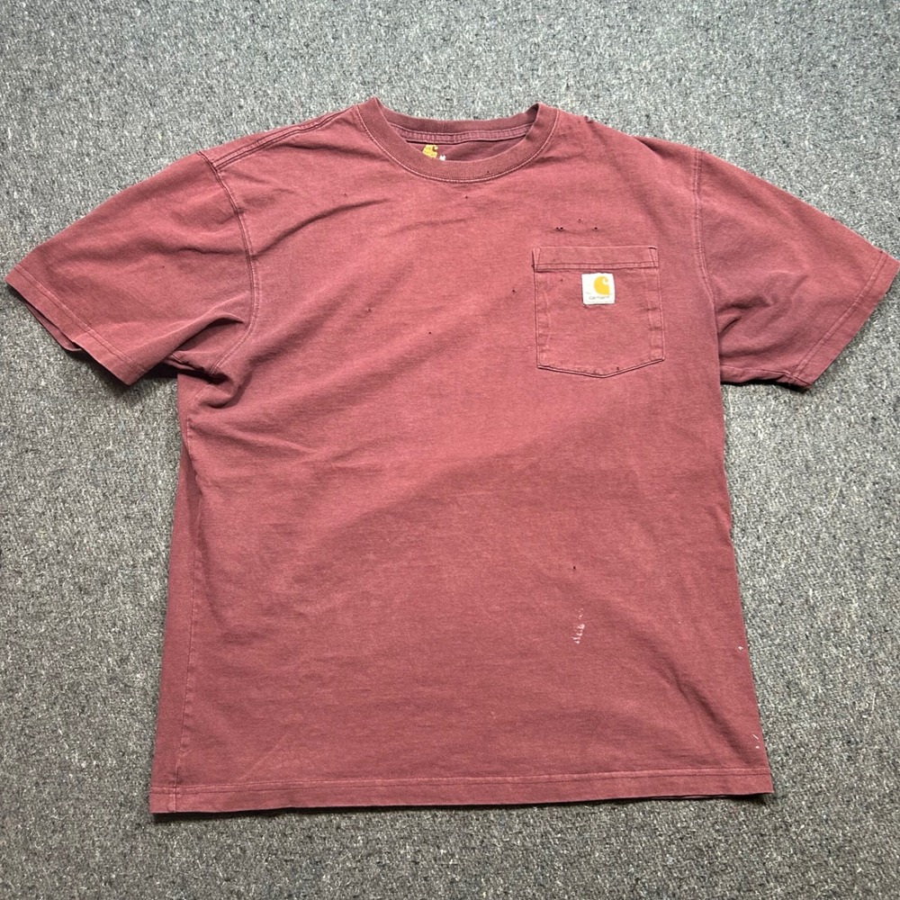 Carhartt Pocket TShirt Sz M Mens Burgundy Distressed Grunge Workwear Faded Logo